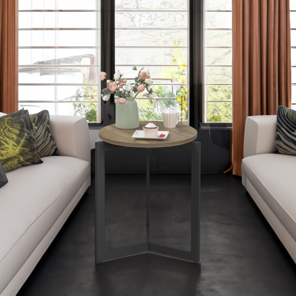 19.68''H Round Side Table, Round Accent End Table with Sturdy Metal Frame, Round Nightstand, for Living Room, Brown