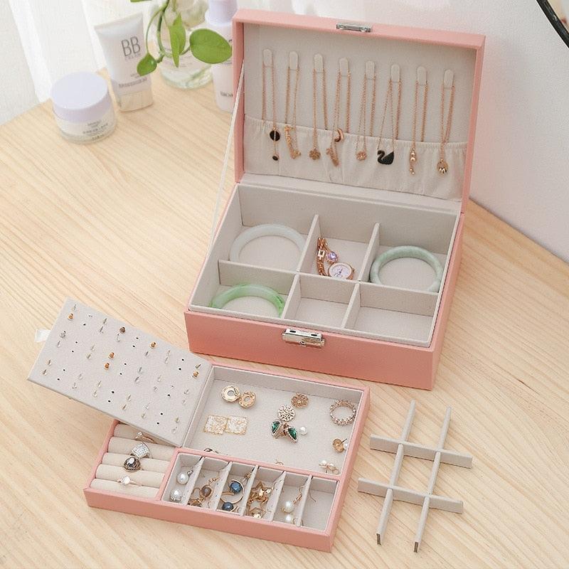 1pcs Double Layer Storage Box For Men And Women Large Capacity Leather Jewelry Box Hardware Latch Travel Portable Flip Lid Palm Jewelry Box Jewelry Box for Women Girls Necklace Ring Storage Organizer 2 Layers Large PU-Leathers Jewelry Case