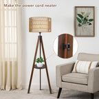 Boho Tripod Floor Lamp with Shelves, Mid Century Wood Standing Lamp with Rattan & Fabric Shades, ON/Off Foot Switch Office