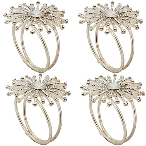 Fennco Styles Elegant Jewel Starburst Napkin Rings, Set of 4 - Silver Metal Napkin Holder for Dining Table Décor, Holidays, Weddings, Banquets, Family Gatherings and Special Occasion