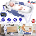 Baby Bath Tub with Thermometer Collapsible Travel-Friendly 0-24Months Baby Bathtub with Drain Hole For Newborn Infant Toddler Odorless Non-Toxic Folda