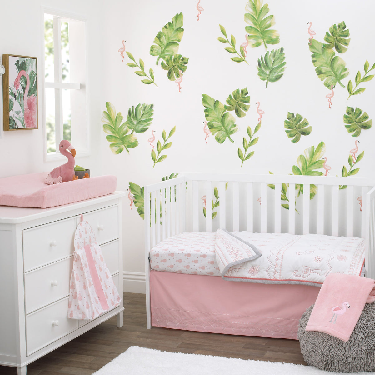NoJo Tropical Flamingo Pink & White 100% Cotton 4 Piece Nursery Crib Bedding Set - Embroidered Quilt, Fitted Sheet, Dust Ruffle, and Diaper Stacker