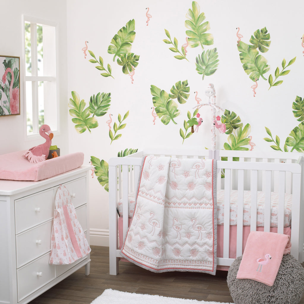 NoJo Tropical Flamingo Pink & White 100% Cotton 4 Piece Nursery Crib Bedding Set - Embroidered Quilt, Fitted Sheet, Dust Ruffle, and Diaper Stacker