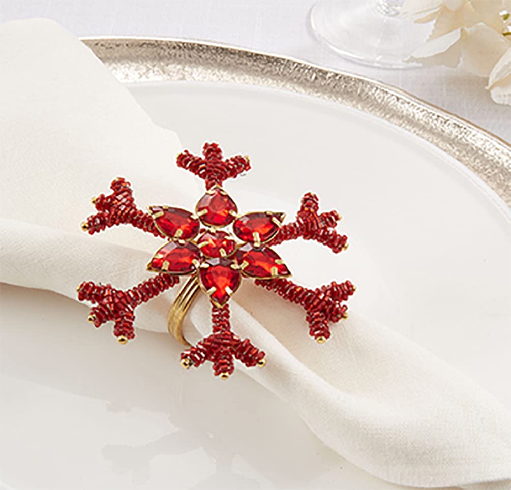 Fennco Styles Beaded Snowflake Holiday Napkin Rings, Set of 4 - Silver Jeweled Napkin Holders for Home Décor, Christmas, Banquets, Weddings and Special Occasions