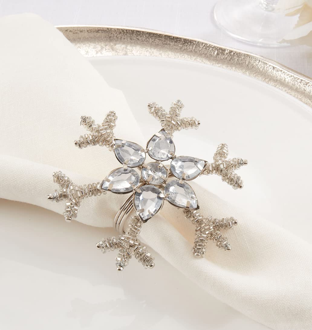 Fennco Styles Beaded Snowflake Holiday Napkin Rings, Set of 4 - Silver Jeweled Napkin Holders for Home Décor, Christmas, Banquets, Weddings and Special Occasions
