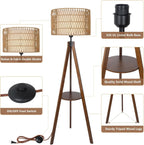 Boho Tripod Floor Lamp with Shelves, Mid Century Wood Standing Lamp with Rattan & Fabric Shades, ON/Off Foot Switch Office