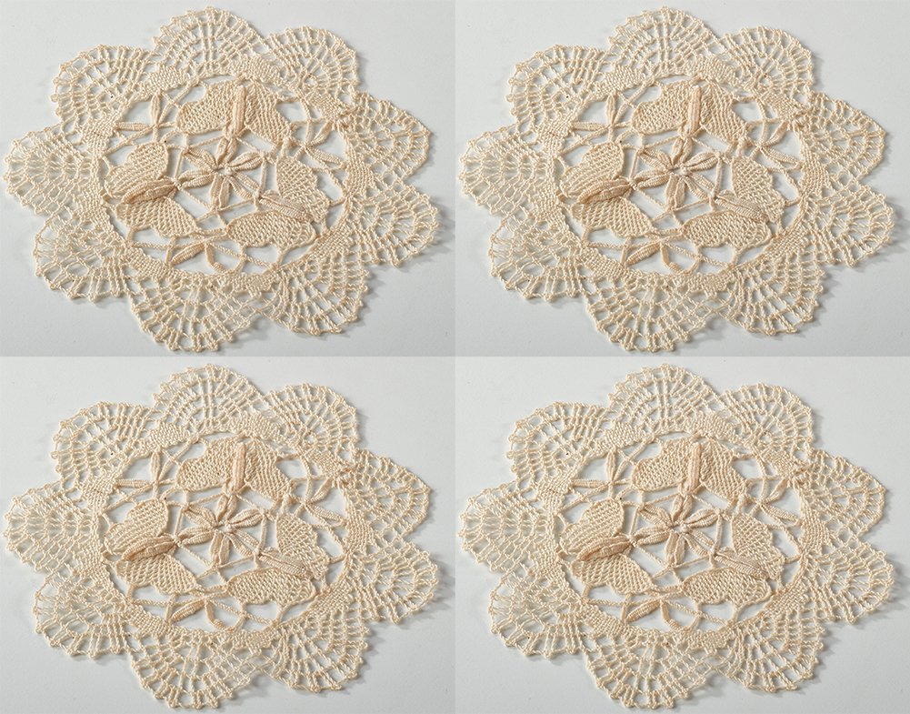 Fennco Styles Handmade All-Over Cluny Lace Cotton Doilies, 6 Inches Round, Beige (4)