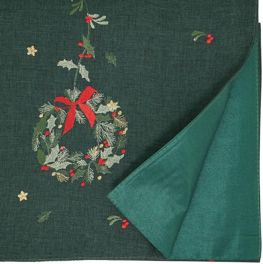 Fennco Styles Embroidered Wreath Christmas Table Runner 16" X 70" - White Festive Table Cover for Winter Holidays Décor, Dining Table, Banquet, Family Gathering, and Special Occasions