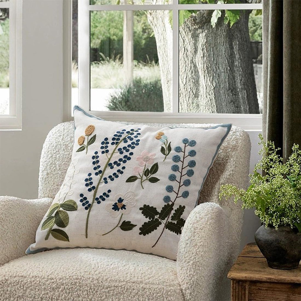 Fennco Styles Embroidered Spring Floral Decorative Throw Pillow Cover 18" W x 18" L - Flower Woven Cushion Case for Home, Couch, Living Room, Bedroom, Office and Holiday Décor