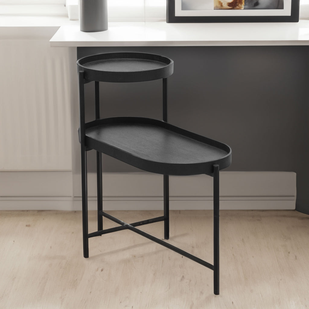 2-Tier Black Side Table with Storage Sofa Table for Living Room Metal Frame & Wooden Desk End Table