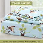 3-Piece Crib/Toddler Cotton Sheet Set Blue Jungle Monkey Tails Swing