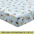 3-Piece Crib/Toddler Cotton Sheet Set Blue Jungle Monkey Tails Swing