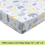 3-Piece Crib/Toddler Cotton Sheet Set Grey Yellow Safari Fun Animals Elephant Giraffe Hippo