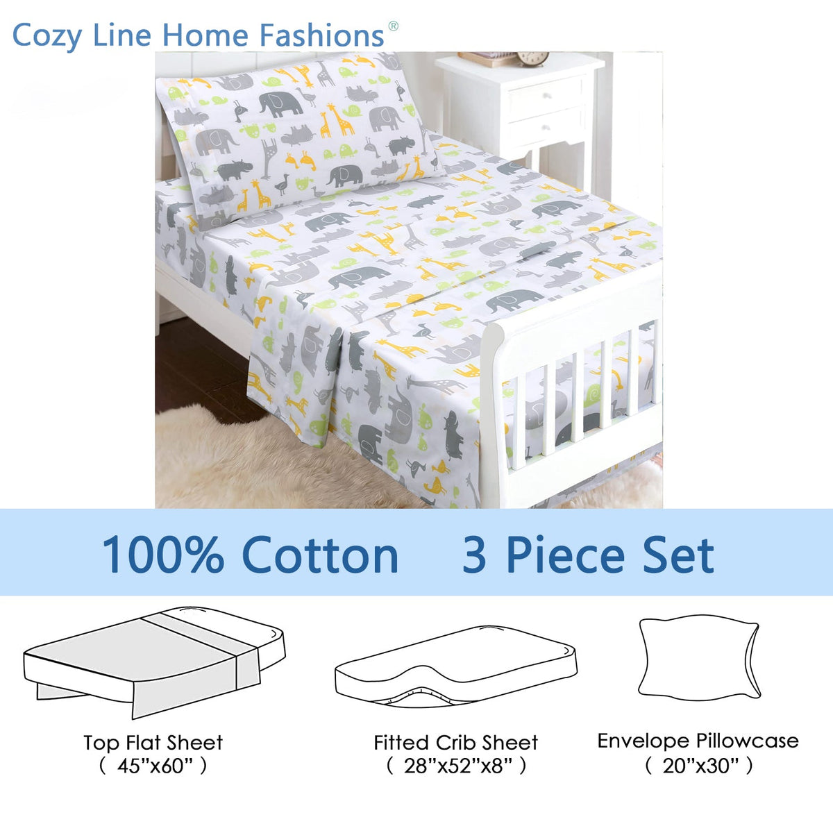 3-Piece Crib/Toddler Cotton Sheet Set Grey Yellow Safari Fun Animals Elephant Giraffe Hippo