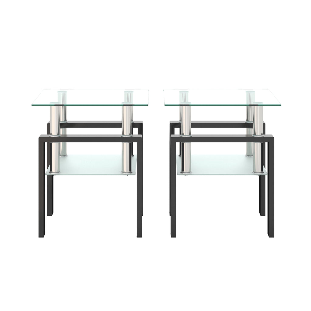 Set of 2, Modern Tempered Glass Tea Table Coffee Table End Table, Square Table for Living Room, Transparent/Black
