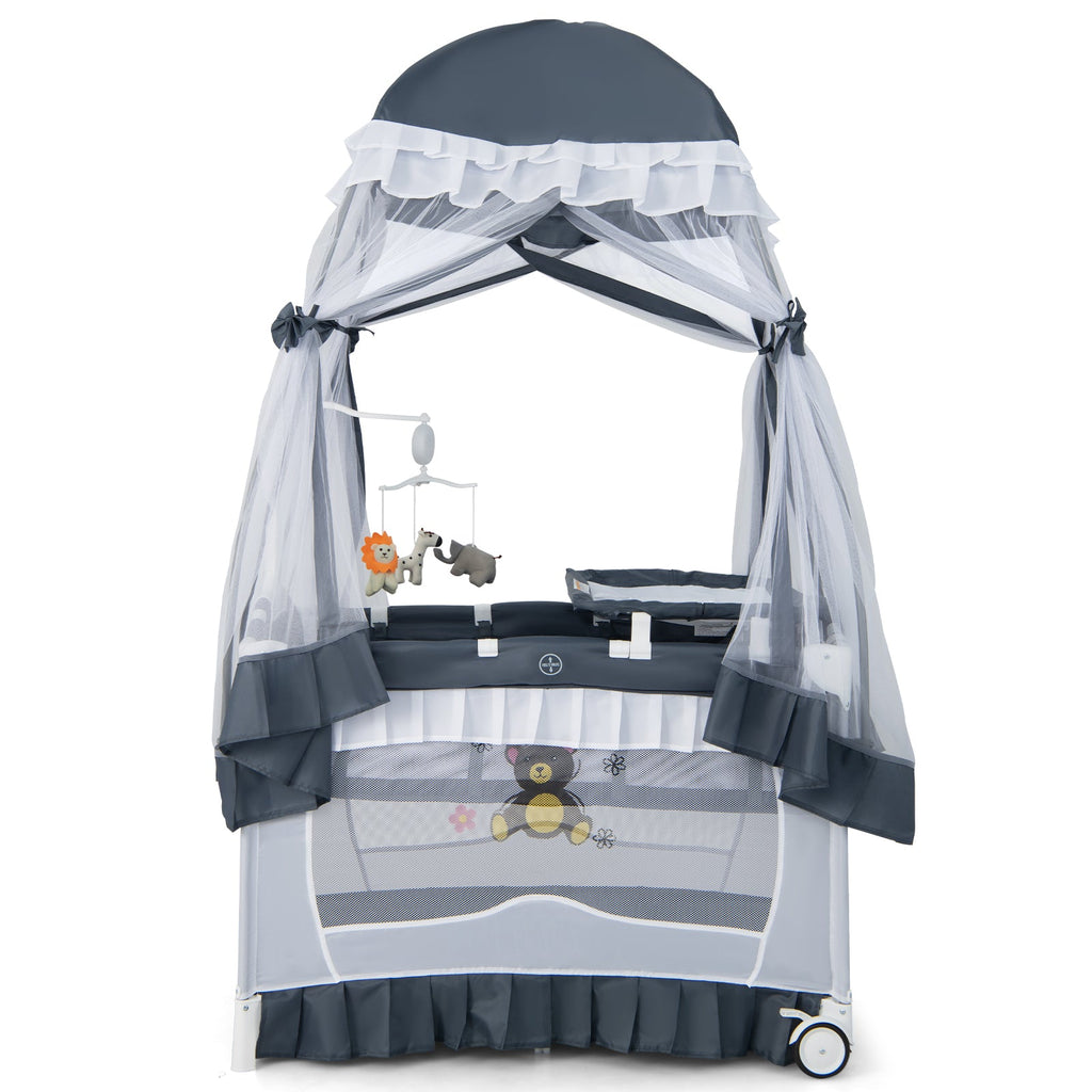 Convertible Bassinet with Removable Changing Table and Detachable Mesh Net-Grey