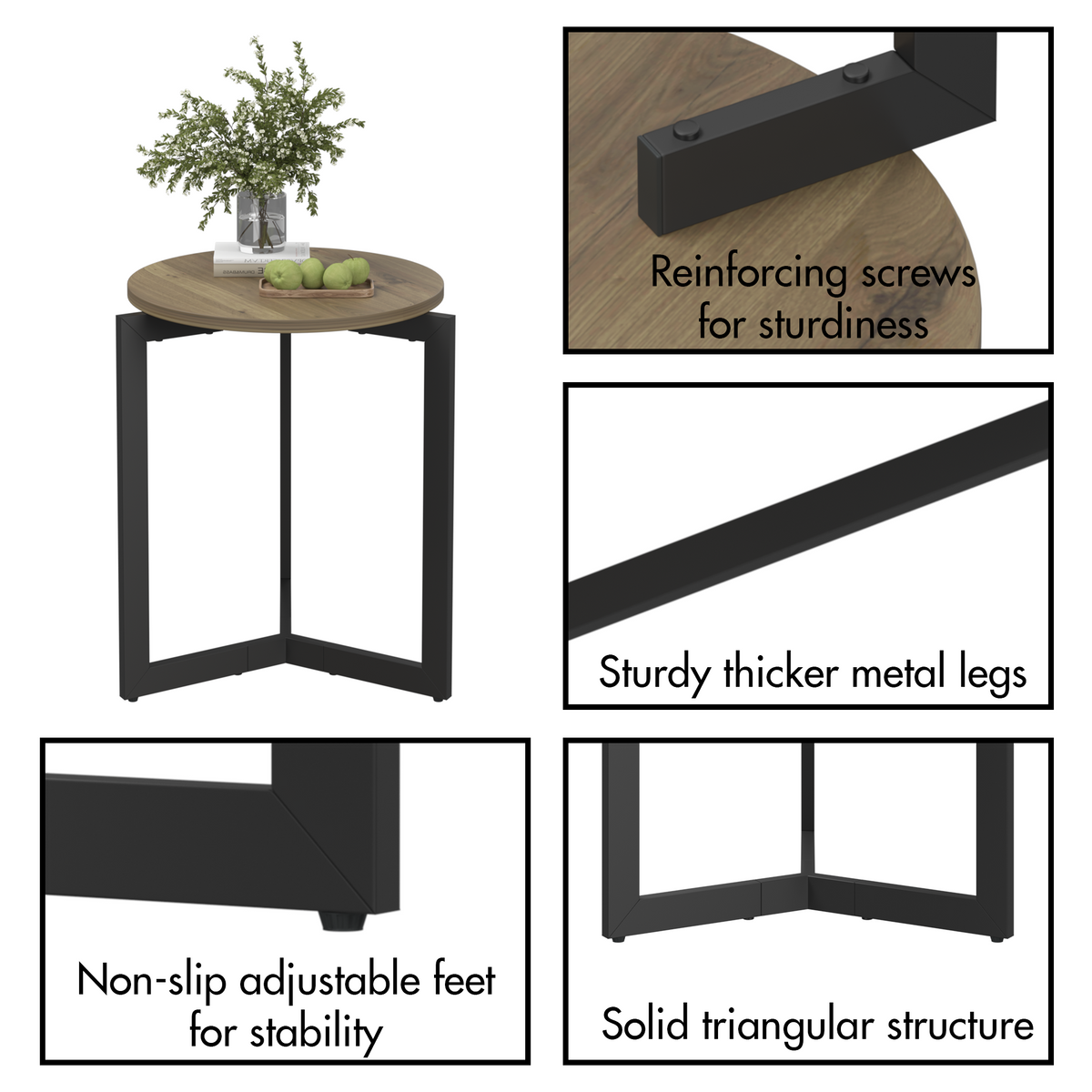19.68''H Round Side Table, Round Accent End Table with Sturdy Metal Frame, Round Nightstand, for Living Room, Brown