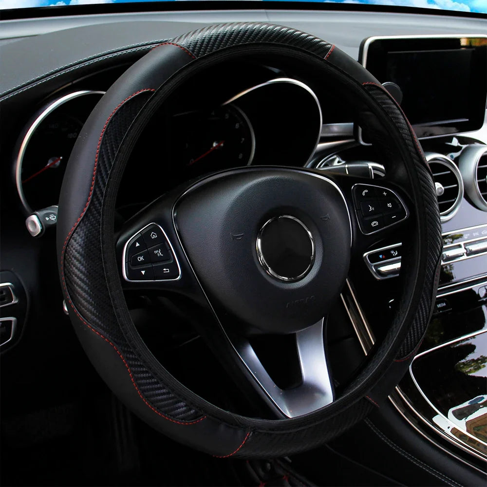 PU Carbon Fiber Leather Car Steering Wheel Cover | 14.5-15 Inch Grip Enhancer