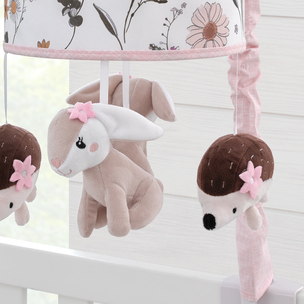 NoJo Keep Blooming Pink Florals with Taupe Bunny and Brown Hedgehog Musical Mobile