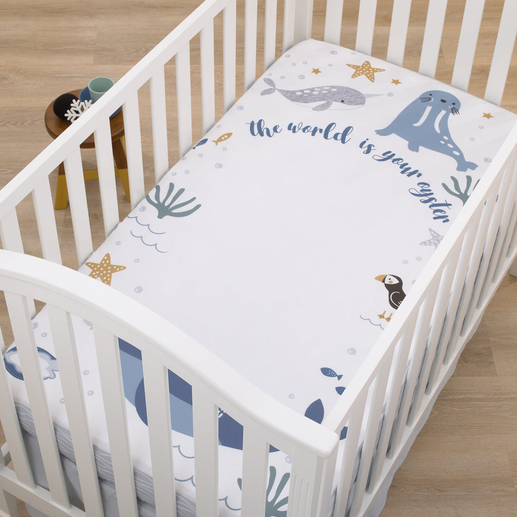 Arctic Adventure Light Blue, White, and Navy Whales, Narwhal, and Walrus "The World is your Oyster" 100% Cotton Photo Op Fitted Crib Sheet
