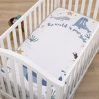 Arctic Adventure Light Blue, White, and Navy Whales, Narwhal, and Walrus "The World is your Oyster" 100% Cotton Photo Op Fitted Crib Sheet