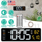 15.7in LED Digital Wall Clock with Remote Control 10 Level Brightness 3 Alarm Settings 12/24Hr Format Timing Countdown Temperature Calendar Display De