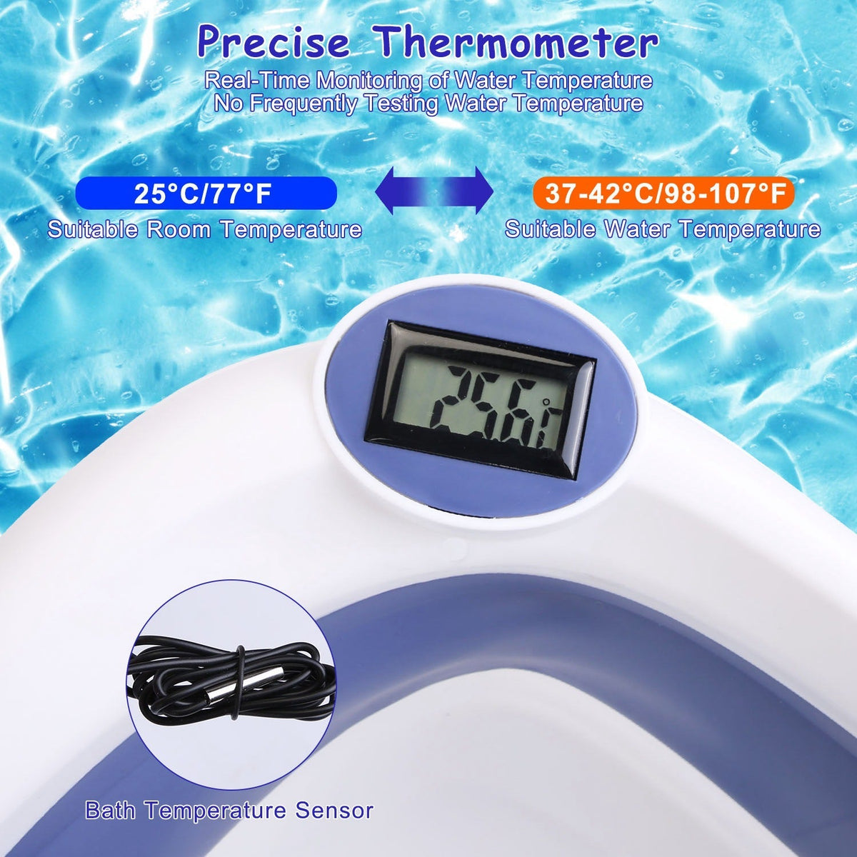 Baby Bath Tub with Thermometer Collapsible Travel-Friendly 0-24Months Baby Bathtub with Drain Hole For Newborn Infant Toddler Odorless Non-Toxic Folda