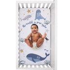 Arctic Adventure Light Blue, White, and Navy Whales, Narwhal, and Walrus "The World is your Oyster" 100% Cotton Photo Op Fitted Crib Sheet