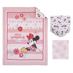 Minnie Mouse Hello Gorgeous Pink and White Floral 3 Piece Nursery Crib Bedding Set - Comforter, Fitted Crib Sheet, and Printed Blanket