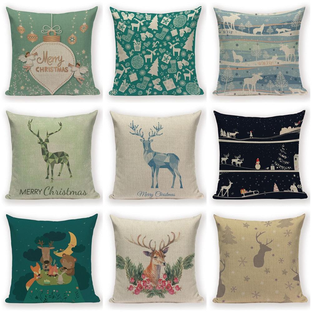 Merry Christmas Tree Cute Deer Happy Festival New Year Decorations Christmas Throw Pillow Covers Christmas Decorative Couch Pillow Cases Cotton Linen Pillow Square Cushion Cover For Home Bed
