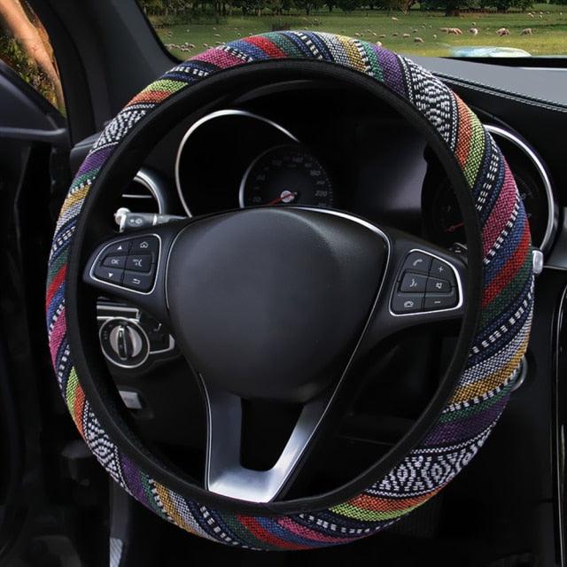 New Baja Blanket Car Steering Wheel Cover Linen Universal Elastic Flax Stripe Cool Interior Car Steering Wheel Cover Ethnic Style Car Accessories Steering Wheel Covers with Cloth for Women Breathable Anti Skid Better Grips Steering Wheel Cover Women
