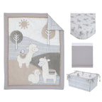 Mama's Little Llama Grey, White and Charcoal 4 Piece Nursery Crib Bedding Set - Comforter, Crib Sheet, Dust Ruffle and Nursery Organizer