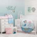 Sugar Reef Mermaid 4 Piece Nursery Crib Bedding Set - Appliqued Round Play Quilt, 100% Cotton Fitted Crib Sheet, Shirred Crib Skirt with 16" Drop, Nursery Organizer