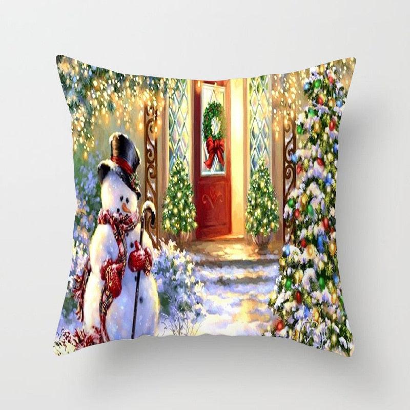 Snowman Christmas Cushion Cover Polyester Decorative Christmas Pillow Cover Merry Christmas Throw Cushion Covers Tree Reindeer Star Pillow Case For Party Throw Pillow New Year Xmas Decor Sofa Living Room Home Decoration