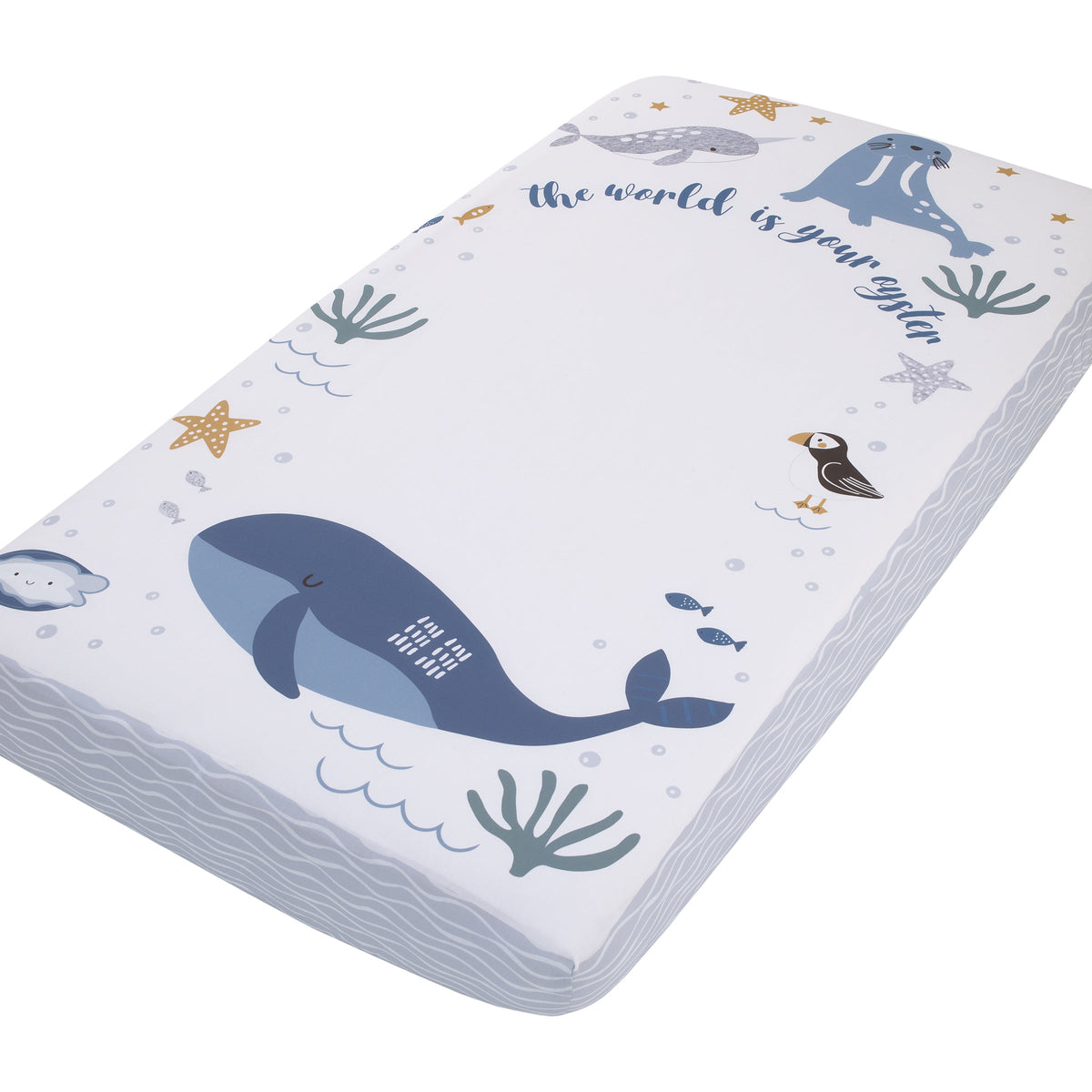 Arctic Adventure Light Blue, White, and Navy Whales, Narwhal, and Walrus "The World is your Oyster" 100% Cotton Photo Op Fitted Crib Sheet