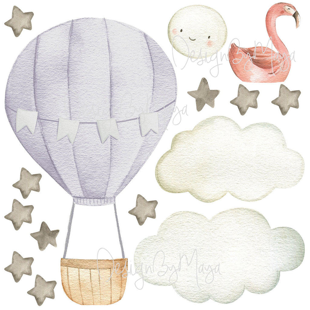 Baby animal inside Hot Air Balloon - Fabric Nursery Wall Art Decals