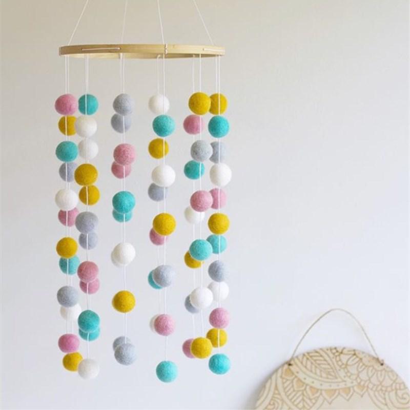 Wooden Ring With Felt Balls Wind Chimes Newborn Baby Bed Bell Pendant Kids Room Decoration Wooden Wind Chime Bed Bell Nursery Mobile Crib Bed Bell Wall Hanging Ornament